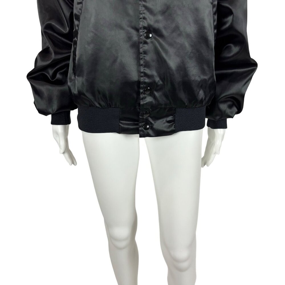 Vintage 80s Satin Bomber Women's Small Grandma VI Lettered Black Button Up Jacke - Picture 6 of 11
